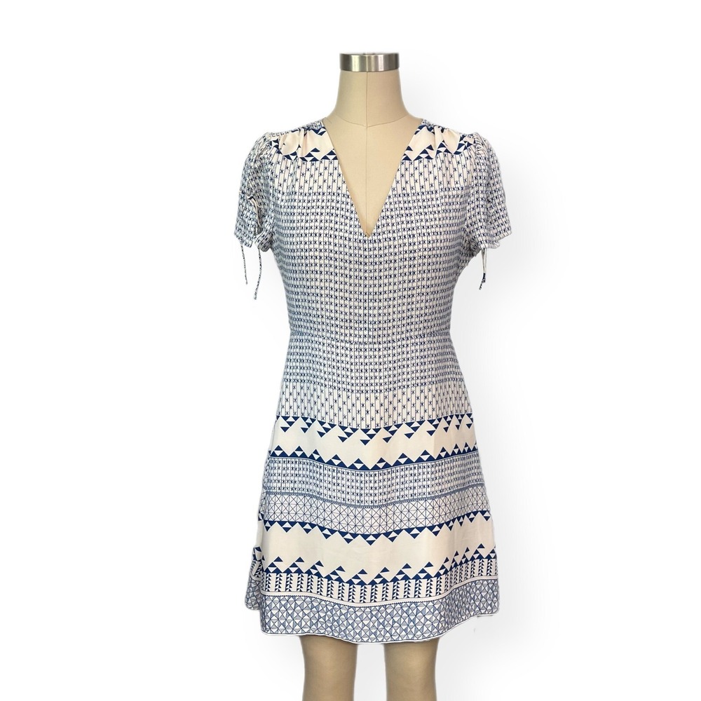 Madewell‎ Poppy Dress Women 2 Short Sleeve V-Neck Blue Geometric Lightweight